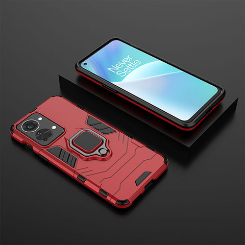 Custodia Silicone e Plastica Opaca Cover con Magnetico Anello Supporto KC2 per OnePlus Nord 2T 5G Rosso