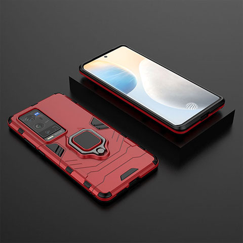 Custodia Silicone e Plastica Opaca Cover con Magnetico Anello Supporto KC2 per Vivo X60 Pro+ Plus 5G Rosso