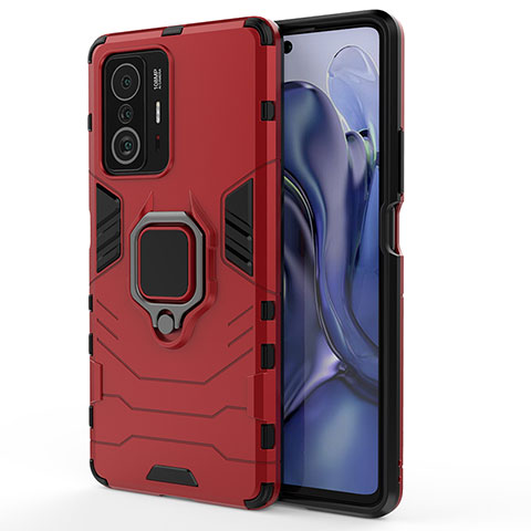 Custodia Silicone e Plastica Opaca Cover con Magnetico Anello Supporto KC2 per Xiaomi Mi 11T Pro 5G Rosso