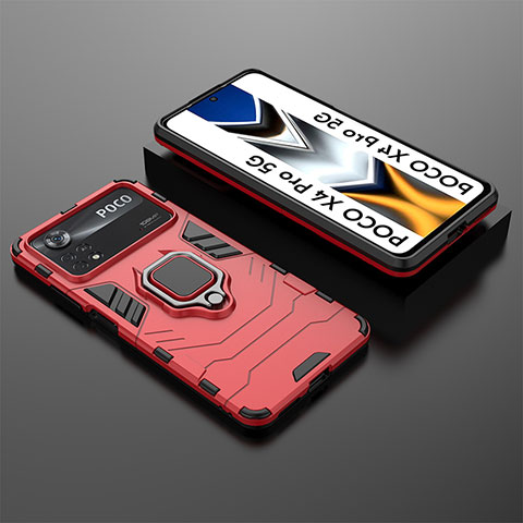 Custodia Silicone e Plastica Opaca Cover con Magnetico Anello Supporto KC2 per Xiaomi Poco X4 Pro 5G Rosso