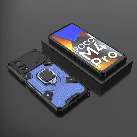 Custodia Silicone e Plastica Opaca Cover con Magnetico Anello Supporto KC3 per Xiaomi Poco M4 Pro 4G Blu