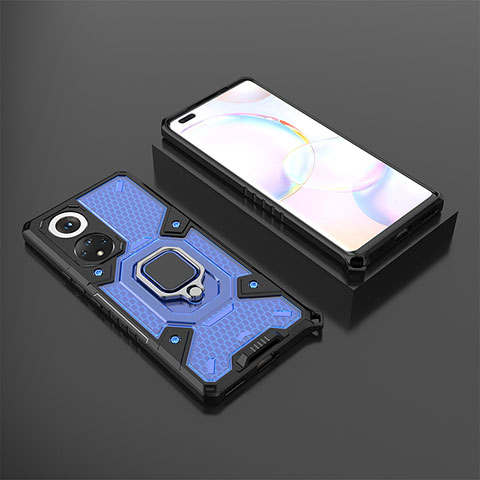 Custodia Silicone e Plastica Opaca Cover con Magnetico Anello Supporto KC4 per Huawei Honor 50 Pro 5G Blu