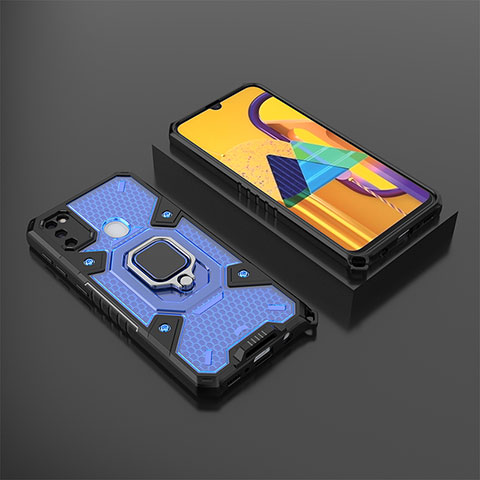 Custodia Silicone e Plastica Opaca Cover con Magnetico Anello Supporto KC4 per Samsung Galaxy M30s Blu