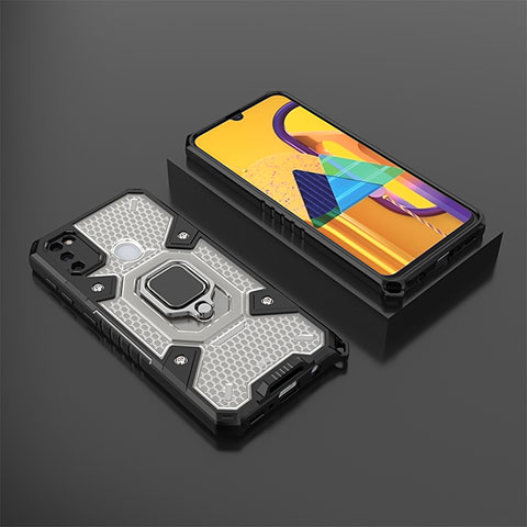 Custodia Silicone e Plastica Opaca Cover con Magnetico Anello Supporto KC4 per Samsung Galaxy M30s Nero