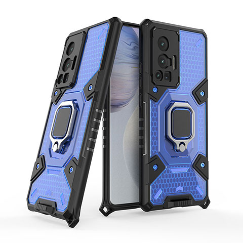 Custodia Silicone e Plastica Opaca Cover con Magnetico Anello Supporto KC4 per Vivo X70 Pro 5G Blu