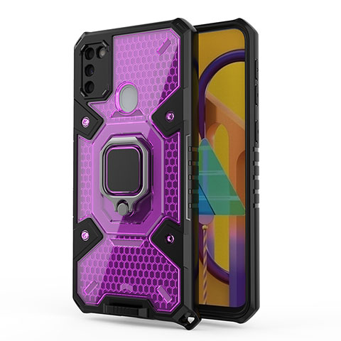 Custodia Silicone e Plastica Opaca Cover con Magnetico Anello Supporto KC5 per Samsung Galaxy M21 Viola