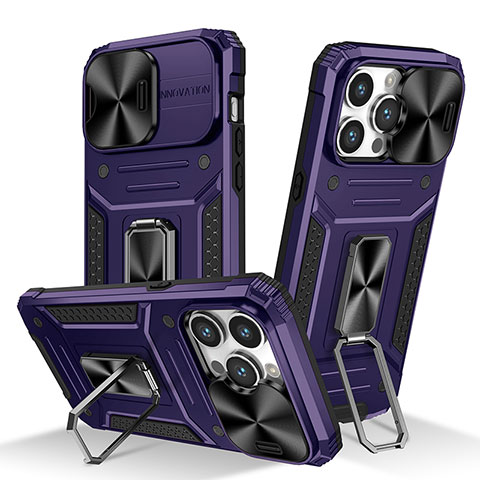 Custodia Silicone e Plastica Opaca Cover con Magnetico Anello Supporto KC7 per Apple iPhone 14 Pro Viola