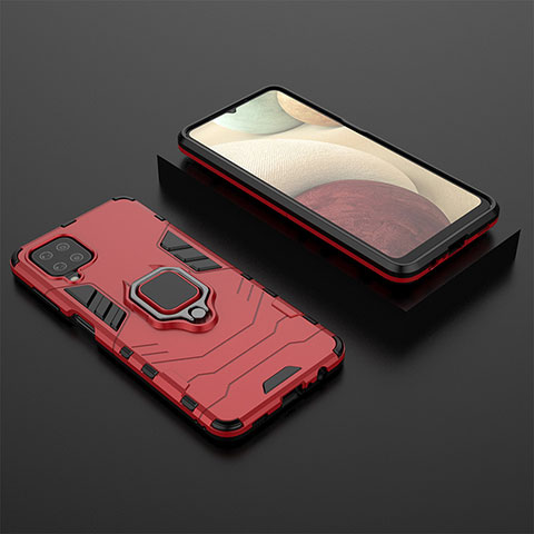 Custodia Silicone e Plastica Opaca Cover con Magnetico Anello Supporto KK1 per Samsung Galaxy M12 Rosso