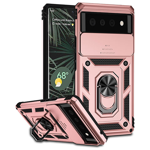 Custodia Silicone e Plastica Opaca Cover con Magnetico Anello Supporto MQ1 per Google Pixel 6 5G Oro Rosa