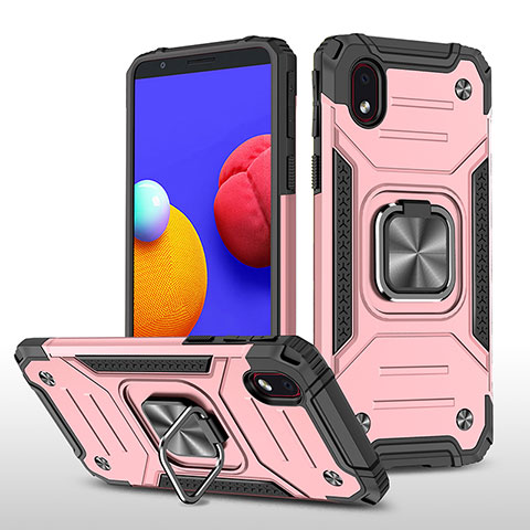 Custodia Silicone e Plastica Opaca Cover con Magnetico Anello Supporto MQ1 per Samsung Galaxy A01 Core Oro Rosa