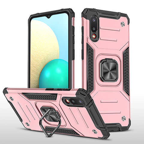 Custodia Silicone e Plastica Opaca Cover con Magnetico Anello Supporto MQ1 per Samsung Galaxy A02 Oro Rosa