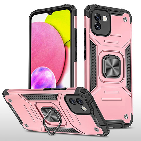 Custodia Silicone e Plastica Opaca Cover con Magnetico Anello Supporto MQ1 per Samsung Galaxy A03 Oro Rosa