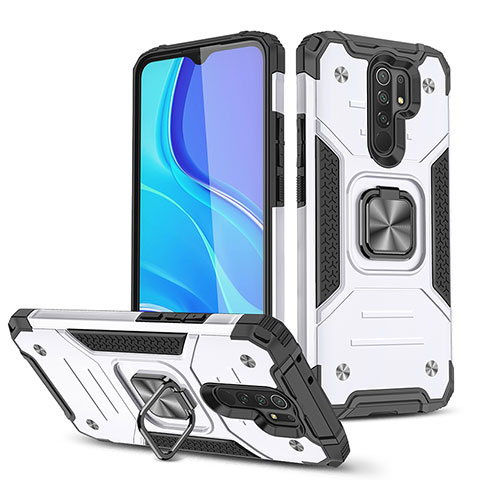 Custodia Silicone e Plastica Opaca Cover con Magnetico Anello Supporto MQ1 per Xiaomi Redmi 9 Argento