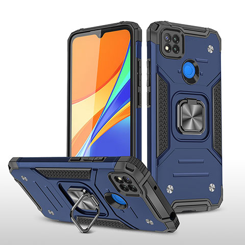 Custodia Silicone e Plastica Opaca Cover con Magnetico Anello Supporto MQ1 per Xiaomi Redmi 9C NFC Blu