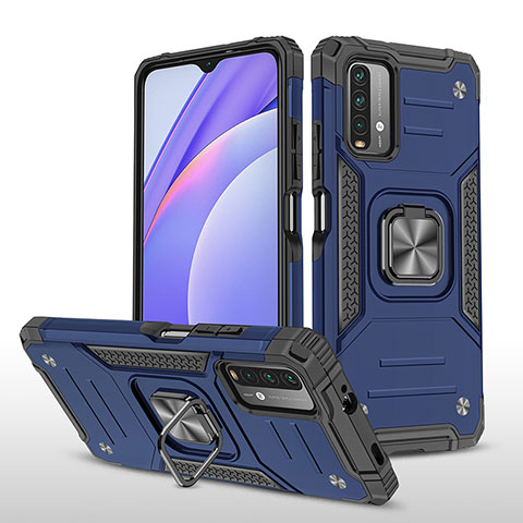 Custodia Silicone e Plastica Opaca Cover con Magnetico Anello Supporto MQ1 per Xiaomi Redmi 9T 4G Blu