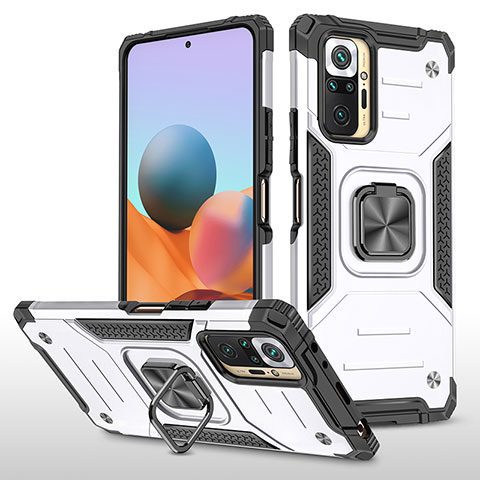 Custodia Silicone e Plastica Opaca Cover con Magnetico Anello Supporto MQ1 per Xiaomi Redmi Note 10 Pro 4G Argento