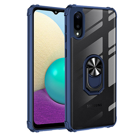 Custodia Silicone e Plastica Opaca Cover con Magnetico Anello Supporto MQ2 per Samsung Galaxy A02 Blu