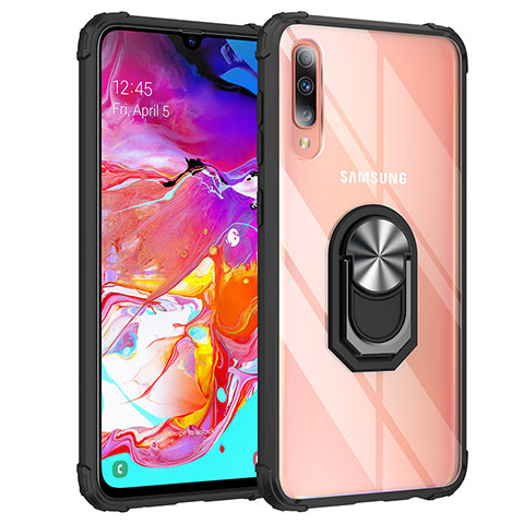 Custodia Silicone e Plastica Opaca Cover con Magnetico Anello Supporto MQ2 per Samsung Galaxy A70 Argento e Nero