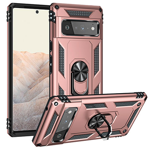 Custodia Silicone e Plastica Opaca Cover con Magnetico Anello Supporto MQ3 per Google Pixel 6 Pro 5G Oro Rosa