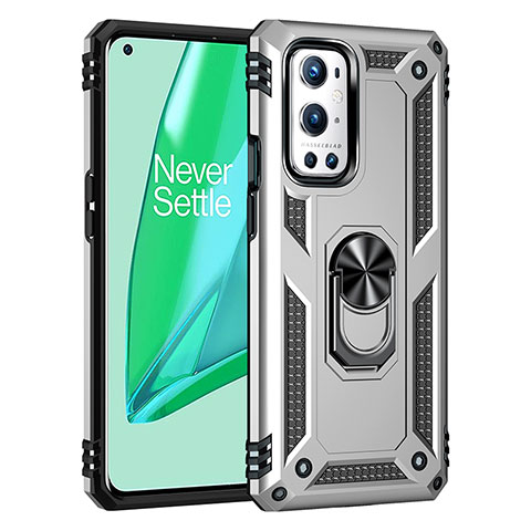 Custodia Silicone e Plastica Opaca Cover con Magnetico Anello Supporto MQ3 per OnePlus 9 Pro 5G Argento