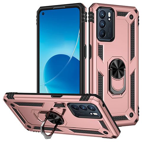 Custodia Silicone e Plastica Opaca Cover con Magnetico Anello Supporto MQ3 per Oppo Reno6 5G Oro Rosa