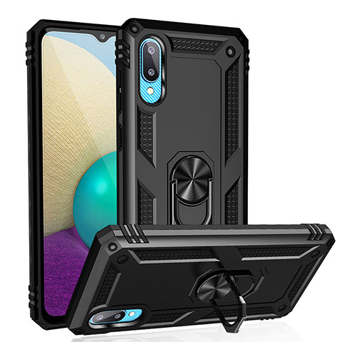 Custodia Silicone e Plastica Opaca Cover con Magnetico Anello Supporto MQ3 per Samsung Galaxy A02 Nero