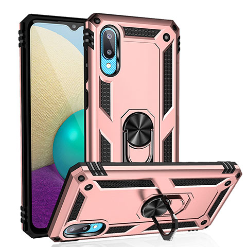 Custodia Silicone e Plastica Opaca Cover con Magnetico Anello Supporto MQ3 per Samsung Galaxy A02 Oro Rosa