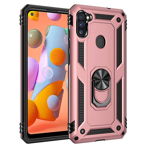 Custodia Silicone e Plastica Opaca Cover con Magnetico Anello Supporto MQ3 per Samsung Galaxy A11 Oro Rosa