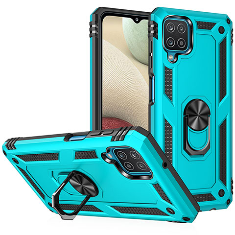 Custodia Silicone e Plastica Opaca Cover con Magnetico Anello Supporto MQ3 per Samsung Galaxy A12 Ciano