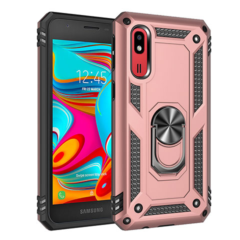 Custodia Silicone e Plastica Opaca Cover con Magnetico Anello Supporto MQ3 per Samsung Galaxy A2 Core A260F A260G Oro Rosa