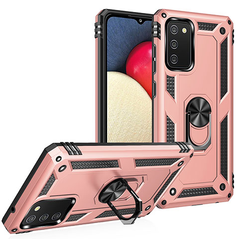 Custodia Silicone e Plastica Opaca Cover con Magnetico Anello Supporto MQ3 per Samsung Galaxy F02S SM-E025F Oro Rosa