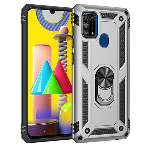 Custodia Silicone e Plastica Opaca Cover con Magnetico Anello Supporto MQ3 per Samsung Galaxy M31 Argento