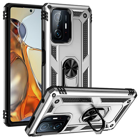 Custodia Silicone e Plastica Opaca Cover con Magnetico Anello Supporto MQ3 per Xiaomi Mi 11T 5G Argento