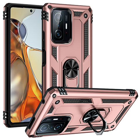 Custodia Silicone e Plastica Opaca Cover con Magnetico Anello Supporto MQ3 per Xiaomi Mi 11T Pro 5G Oro Rosa