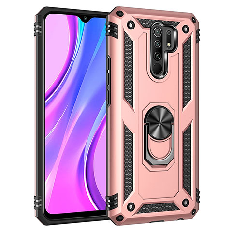 Custodia Silicone e Plastica Opaca Cover con Magnetico Anello Supporto MQ3 per Xiaomi Redmi 9 Oro Rosa