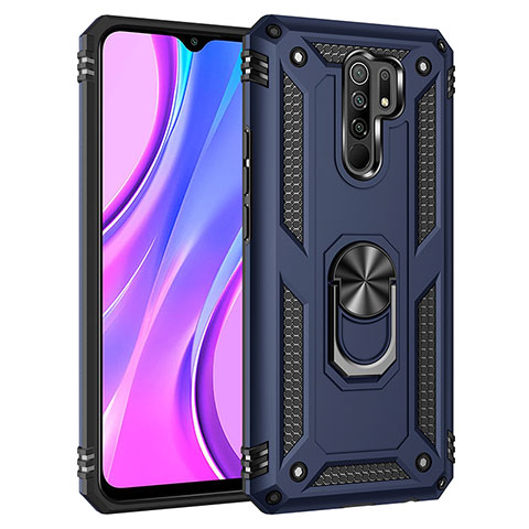 Custodia Silicone e Plastica Opaca Cover con Magnetico Anello Supporto MQ3 per Xiaomi Redmi 9 Prime India Blu