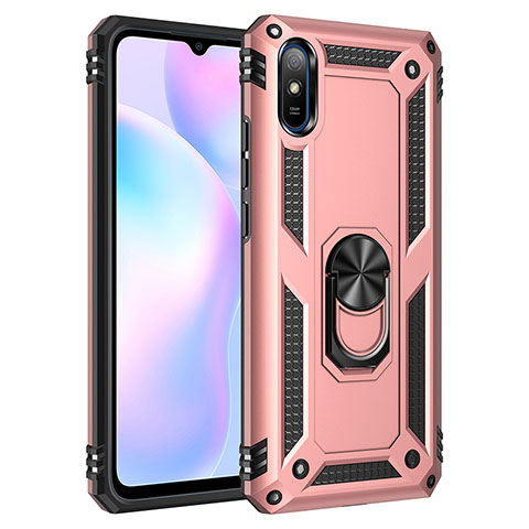 Custodia Silicone e Plastica Opaca Cover con Magnetico Anello Supporto MQ3 per Xiaomi Redmi 9A Oro Rosa