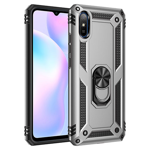 Custodia Silicone e Plastica Opaca Cover con Magnetico Anello Supporto MQ3 per Xiaomi Redmi 9i Argento