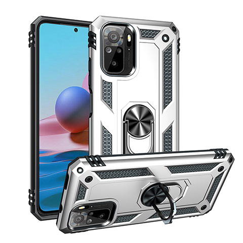 Custodia Silicone e Plastica Opaca Cover con Magnetico Anello Supporto MQ3 per Xiaomi Redmi Note 10 4G Argento