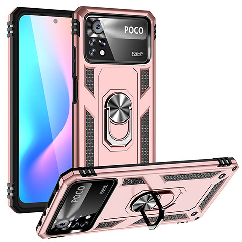 Custodia Silicone e Plastica Opaca Cover con Magnetico Anello Supporto MQ3 per Xiaomi Redmi Note 11E Pro 5G Oro Rosa