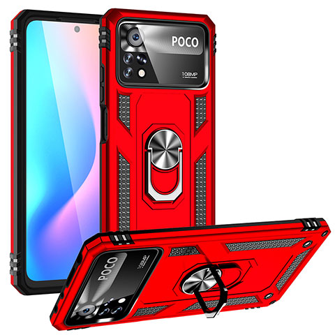 Custodia Silicone e Plastica Opaca Cover con Magnetico Anello Supporto MQ3 per Xiaomi Redmi Note 11E Pro 5G Rosso