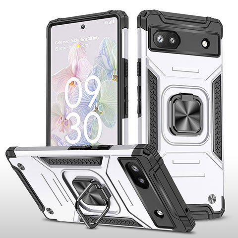 Custodia Silicone e Plastica Opaca Cover con Magnetico Anello Supporto MQ4 per Google Pixel 6a 5G Argento