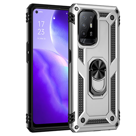 Custodia Silicone e Plastica Opaca Cover con Magnetico Anello Supporto MQ4 per Oppo F19 Pro+ Plus 5G Argento