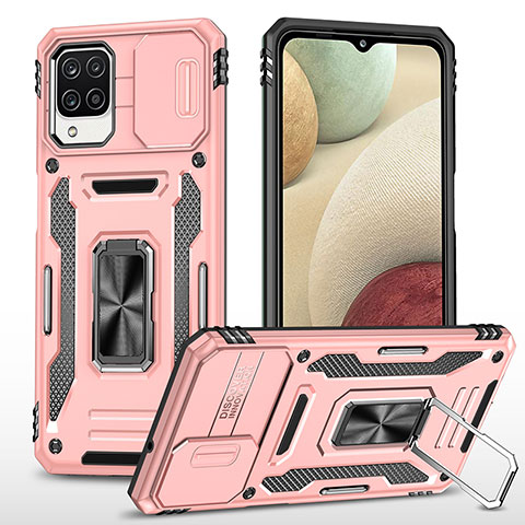 Custodia Silicone e Plastica Opaca Cover con Magnetico Anello Supporto MQ4 per Samsung Galaxy M12 Oro Rosa