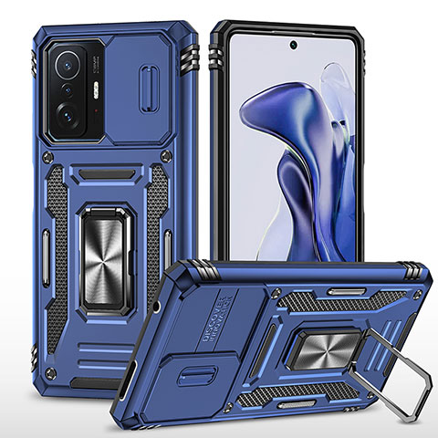 Custodia Silicone e Plastica Opaca Cover con Magnetico Anello Supporto MQ4 per Xiaomi Mi 11T 5G Blu