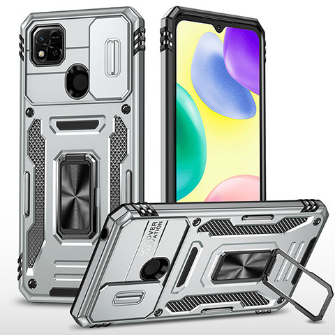 Custodia Silicone e Plastica Opaca Cover con Magnetico Anello Supporto MQ4 per Xiaomi POCO C3 Argento