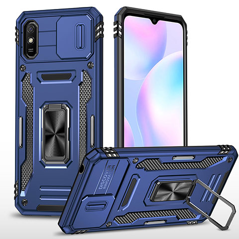 Custodia Silicone e Plastica Opaca Cover con Magnetico Anello Supporto MQ4 per Xiaomi Redmi 9A Blu