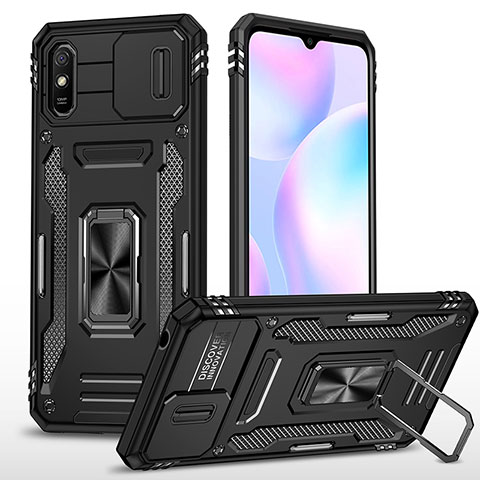 Custodia Silicone e Plastica Opaca Cover con Magnetico Anello Supporto MQ4 per Xiaomi Redmi 9A Nero