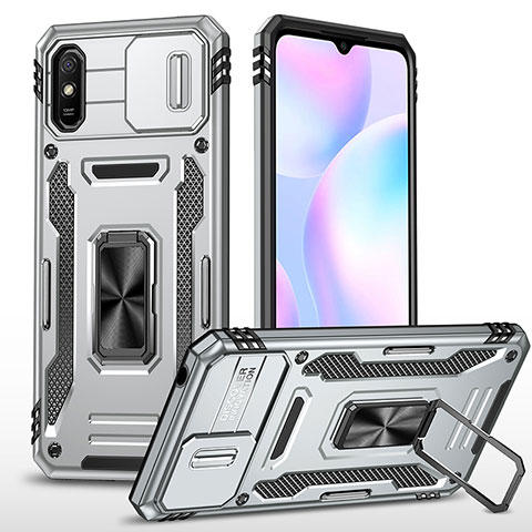 Custodia Silicone e Plastica Opaca Cover con Magnetico Anello Supporto MQ4 per Xiaomi Redmi 9AT Argento