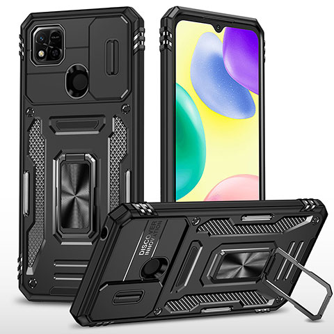 Custodia Silicone e Plastica Opaca Cover con Magnetico Anello Supporto MQ4 per Xiaomi Redmi 9C Nero